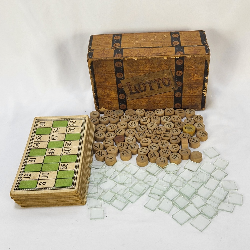 Antique Game of Lotto Trunk Box Wooden Tiles Glass Markers Incomplete 1800s Toys